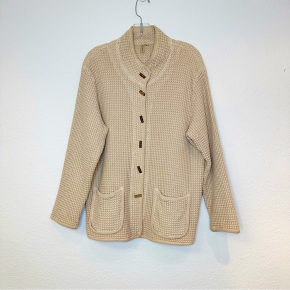 Focus Waffle Cotton Tan Boho Jacket Cardigan Pockets Fun Buttons Large - Picture 1 of 3